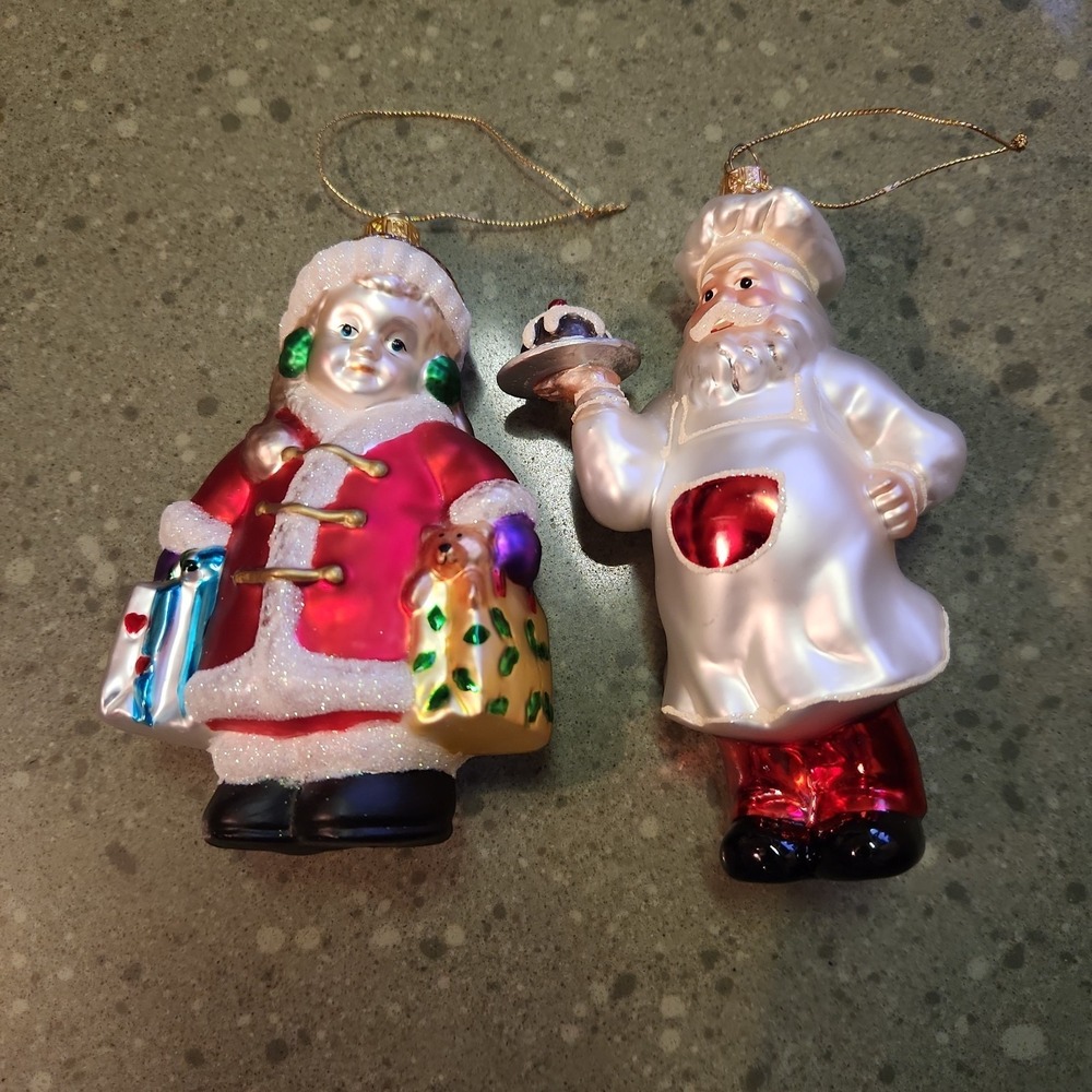 VTG Summit Blown Glass Christmas Ornaments Chef Santa & Gift Girl, Set of 2